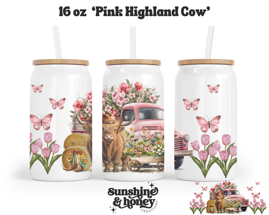 Pink Highland Cow Glass Can